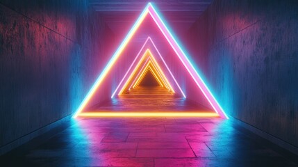 Poster - Glowing neon triangle tunnel with 3D rendering and digital illustration