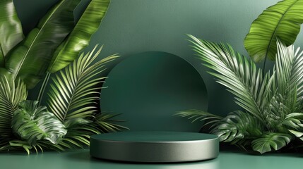 Aufkleber - 3D geometric podium mockup featuring tropical leaves designed for showcasing products against a green background in an abstract minimal style