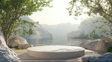Poster - 3D rendered illustration of a vacant podium display for product mockup in a natural setting