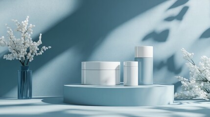 Poster - 3D rendering of a podium backdrop in blue hues for showcasing cream products Cosmetics