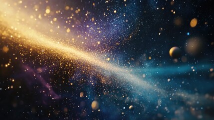 Poster - Cosmic background featuring star dust and pixie dust glitter alongside a 3D cartoon rendering of the Milky Way with a conceptual image of space stars and planets