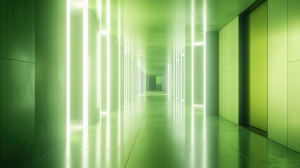 Poster - Abstract illuminated corridor in a green interior A modern and innovative design concept showcased through 3D rendering