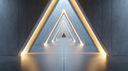 Poster - Spacious illuminated corridor featuring a modern concrete backdrop and a futuristic triangular tunnel design 3D rendering