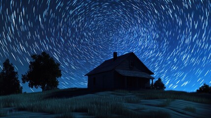 Poster - 3D cartoon rendering featuring a small house with a star trail in the background