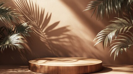Poster - Wooden display podium featuring branch shadow and tropical leaves designed for cosmetic product showcase against a brown background