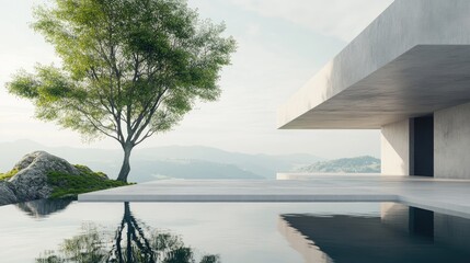 Poster - Concrete podium and mirrored wall by a lake pool 3D rendering of an abstract space with a landscape backdrop