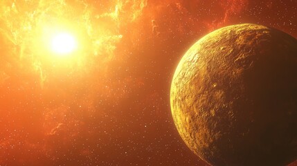 Aufkleber - 3D cartoon rendering depicting a desolate planet in a red nebula illuminated by a sun
