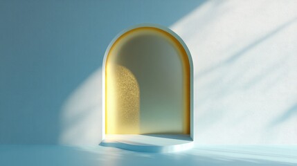 Leinwandbilder - White stand featuring a golden arch against a blue background with shadow 3D rendering