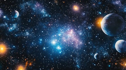 Poster - 3D cartoon interpretation of a 2D illustration featuring a realistic star pattern background in deep interstellar space with bright stars planets and moons Various imaginative science fiction back
