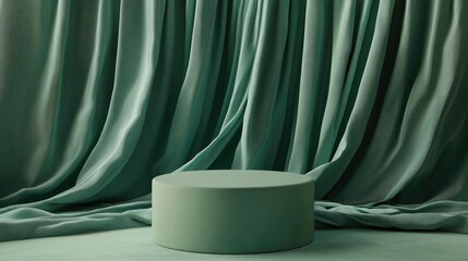 Poster - 3D podium with flowing curtain fabric in green featuring a luxurious background and wide mockup for branding and product display illustrated through 3D rendering