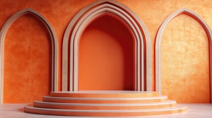 Poster - Step stage podium backdrop featuring an Arabic arch design 3D rendering