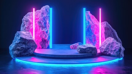 Leinwandbilder - Abstract neon background featuring illuminated geometric shapes and natural stone elements 3D rendered podium Vacant display stand for showcasing and advertising technological products and gadgets