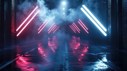 Poster - Empty backdrop with a dark street reflected on wet asphalt illuminated by neon light rays featuring neon shapes and smoke creating an abstract dark scene suitable for a stage show
