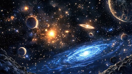 Aufkleber - Dark interstellar space depicted in a 3D cartoon rendering A 2D illustration featuring stars in deep space a blue cold nebula and a dark night sky