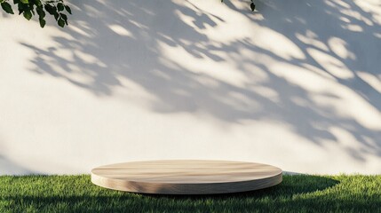 Aufkleber - Wooden display pedestal design platform blank product stand on grass with tree shadows on the wall 3D rendering