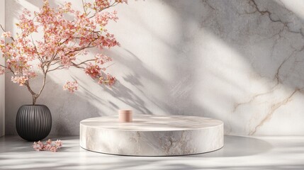 Aufkleber - 3D podium display platform with marble stone texture Cosmetic product background with pastel shadows on a minimalistic stage featuring an empty pedestal mockup in an abstract studio setting