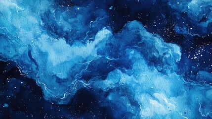 Leinwandbilder - Neon cosmic paper textured light blue watercolor background in a 3D cartoon rendering Deep dark ink canvas ideal for contemporary creative design Aquarelle illustration of a lightning night sky an