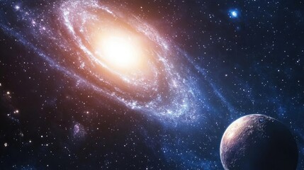 Poster - 3D cartoon depiction of stars in a galaxy and a planet floating in open space