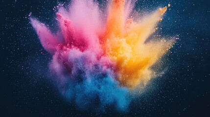 Poster - Stunning powder explosion with vibrant colorful particles against a dark background Ideal for cosmetics pigments makeup creative designs and promotional materials