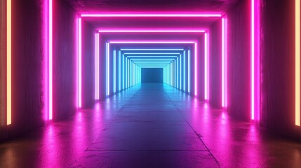 Poster - Abstract 3D background featuring vibrant neon lights and a tunnel design showcasing a futuristic space concept in a striking illustration