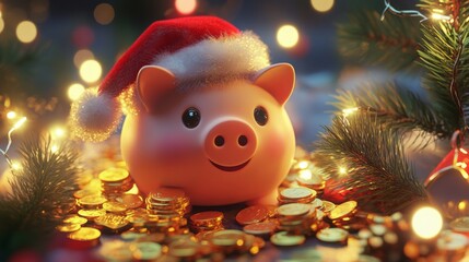 Poster - A pink piggy bank with a Santa hat is nestled in a pile of gold coins surrounded by pine needles and string lights. The lights create a warm glow, evoking the festive spirit of Christmas.