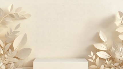 Poster - Trendy pastel beige abstract nature scene featuring an empty white square podium adorned with handmade paper cut plant leaves Suitable for cosmetics or beauty product promotional mockup with copy