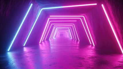 Poster - Abstract 3D background featuring vibrant neon lights and a tunnel design showcasing a futuristic space concept in a striking illustration
