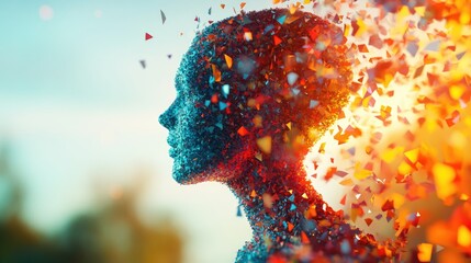 Poster - Bionic figure with colorful digital fragmentation against a serene backdrop