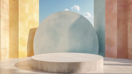 Leinwandbilder - Minimalist 3D rendering featuring a podium against an abstract backdrop with geometric shapes in soft pastel hues