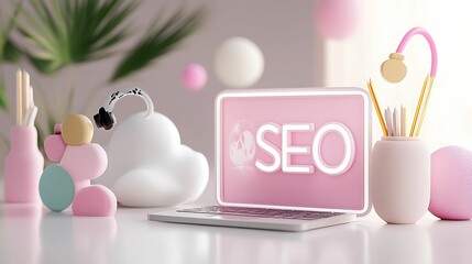 Wall Mural - seo relevance concept. a stylized workspace featuring a pink laptop displaying 