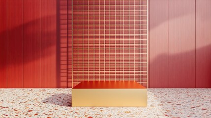 Leinwandbilder - Dark red block podium on a square gold grid with terrazzo rendering featuring a transparent background in 3D