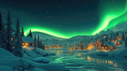 Aufkleber - 3D cartoon rendering of a panoramic view featuring a brilliant green Aurora curved above the horizon illuminating a frozen river delta and a pine tree forest alongside small villages during a cold