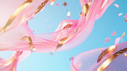 Poster - Abstract shapes in pink and gold levitate against a blue background in a 3D rendering