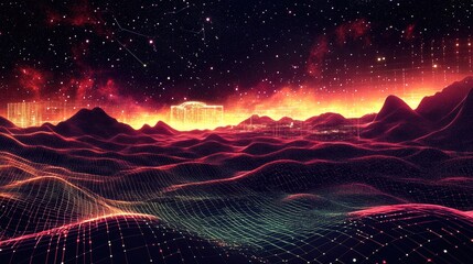 Leinwandbilder - Abstract landscape depicted in a 3D cartoon rendering featuring a dark background with a star horizon cyberspace grid hi tech network and a starry outer space texture 3D illustration