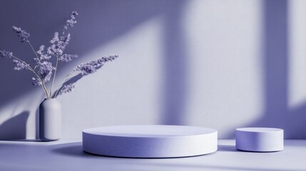 Fototapete - 3D product podium mockup featuring an abstract design in a violet backdrop rendered illustration in the trending color of 2022