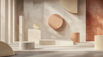 Poster - 3D rendering of a themed background showcasing diverse shapes with a floating concept Exhibition scene displaying various simple shapes and an empty podium for product showcasing