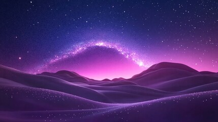 Wall Mural - 3D cartoon depiction of a stunning night landscape featuring a vibrant Milky Way arch illuminated by stars a purple sky pink lighting and rolling hills A beautiful scene showcasing the universe an