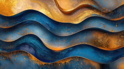 Poster - Abstract modern art background featuring flowing wave patterns in gold and blue tones