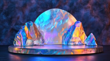 Aufkleber - Stylish fashion podium backdrop for showcasing products featuring an abstract iridescent gemstone 3D render