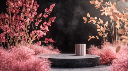 Poster - 3D autumn themed scene featuring a beautiful podium with an empty cylinder stand for product promotion complemented by a composition of pink dried plants