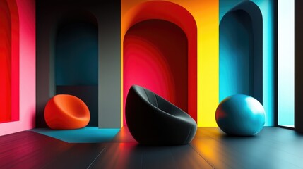 Poster - Dynamic interior featuring smooth black and colored gradient objects 3D illustration and rendering