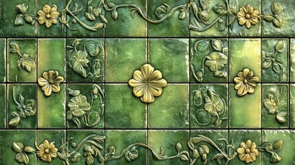 Poster - Abstract design featuring green tiles adorned with floral band patterns