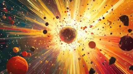 Aufkleber - Spectacular multicolored illustration featuring particles and rays showcasing abstract forms and planets related to science captured in a 3D cartoon rendering An explosion of stars in space