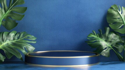 Poster - Blue cylindrical podium adorned with a gold border accompanied by two monstera deliciosa leaves against a blue backdrop Abstract minimalistic 3D geometric representation suitable for a cosmetic di