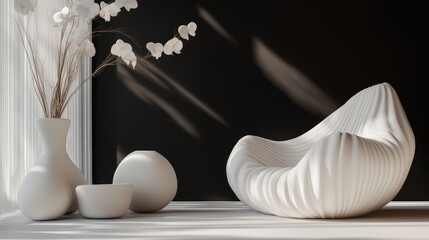 Poster - Dynamic interior featuring smooth white objects set against a black backdrop 3D illustration and rendering