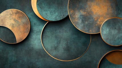 Aufkleber - Abstract overlapping circles with metallic finishes in copper brass and bronze on a dark teal backdrop