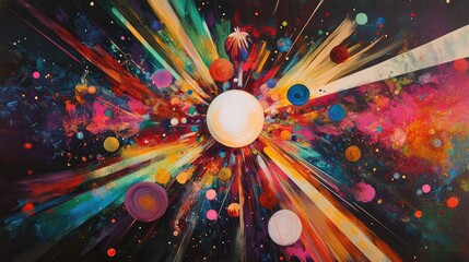 Poster - Vibrant multi colored artwork depicting movement against a dark backdrop showcasing an explosion of rays and spheres