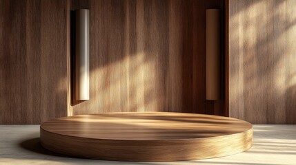 Poster - Wooden parquet podium platform in a studio setting Background features a round pedestal and square frame with two cylindrical blocks emphasizing an abstract minimalistic concept and luxurious mock