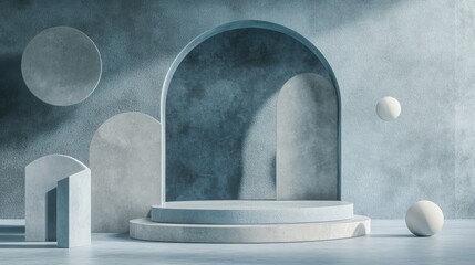 Poster - Minimalist abstract mockup of geometric podium with soft blue hues featuring a composition of shapes and volumes for display purposes 3D render