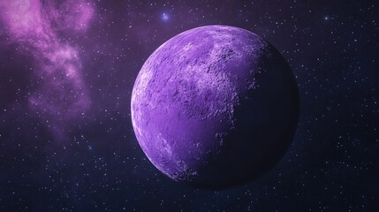 Poster - Violet planet with a solid surface and craters in space featuring a beautiful cosmic background and a view from space in a 3D cartoon rendering